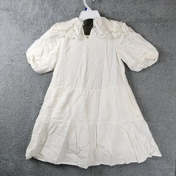 SEA NY Anita Eyelet Linen Blend Puff Sleeve Dress Girls 10 Cream Button Closure~ - Picture 9 of 11